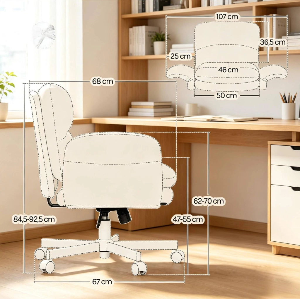 Sedia girevole da ufficio in chenille beige con schienale imbottito e braccioli regolabili