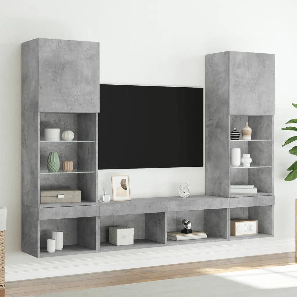 Mobili TV a Muro con LED 5pz Grigio Cemento Legno Multistrato 3216693