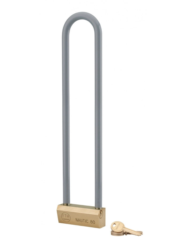 Lucchetto NAUTIC 80 mm in ottone, arco alto 300 mm in ottone, 3 chiavi – THIRARD