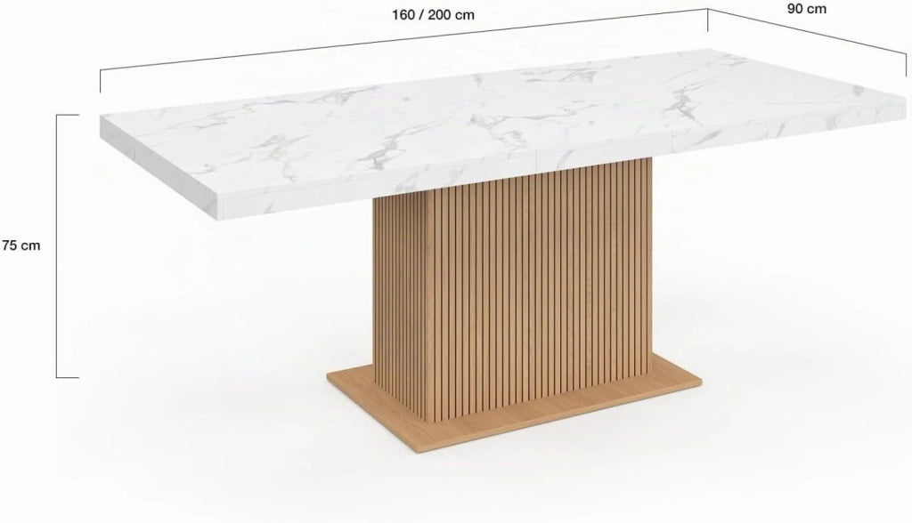 Tavolo da pranzo allungabile rettangolare Julieta 6-10 persone, vassoio effetto marmo, doghe in legno con spazio di archiviazione, 160-200 cm