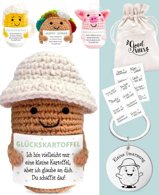 Set di buon auspicio per patate Positive incluso in una busta regalo e un sacchetto di conforto - portafortuna per esami, regalo di consolazione, auguri di miglioramento