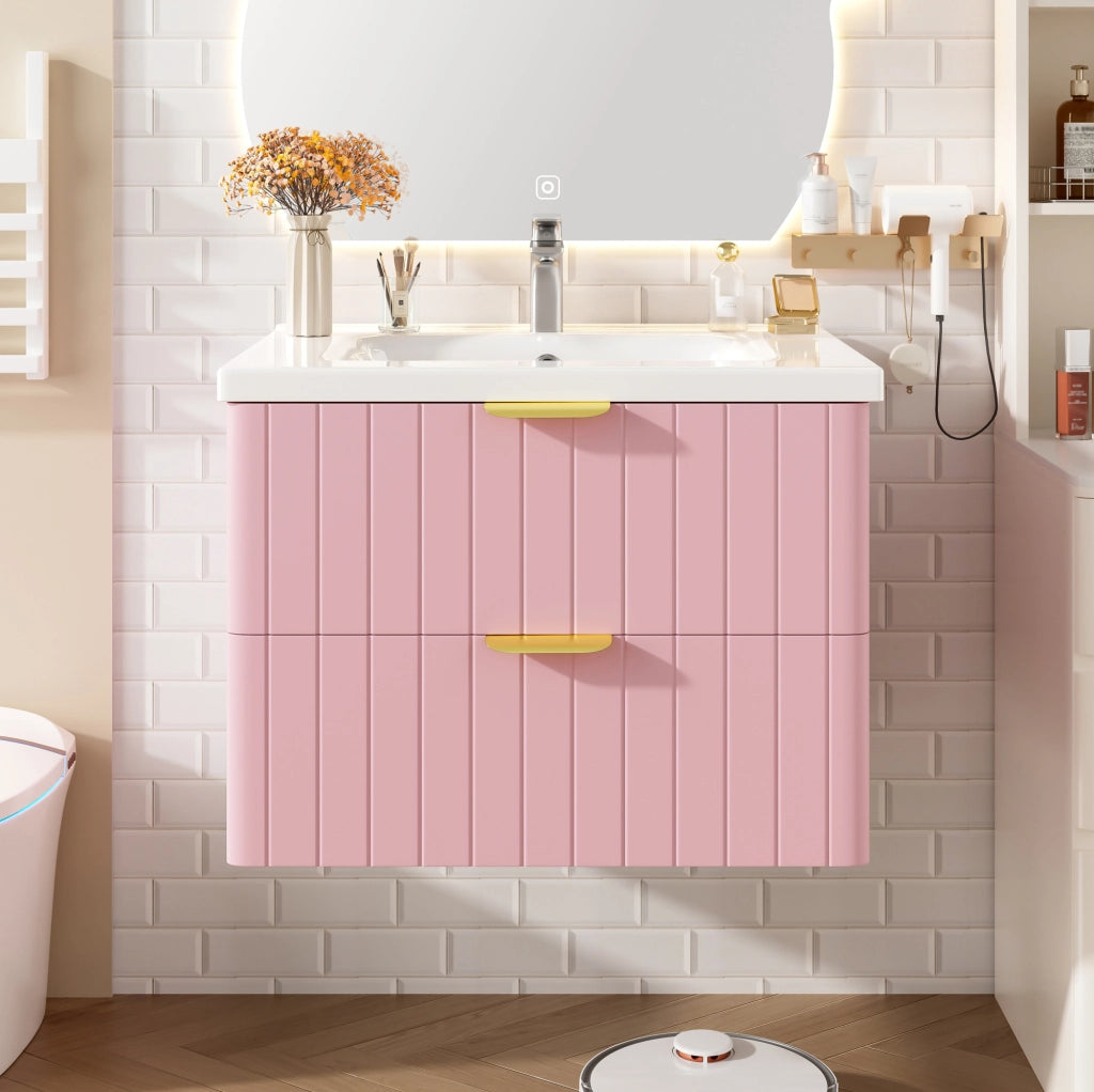 Mobiletto lavabo sospeso con lavandino in ceramica, doppio spazio, MDF, Rosa/Bianco