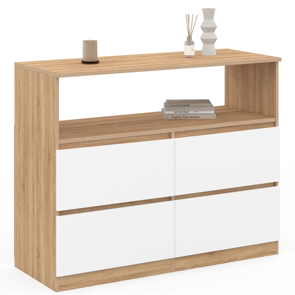 IDMarket - TOMI Cassettone a 4 cassetti da 100 cm con nicchia effetto faggio in bianco