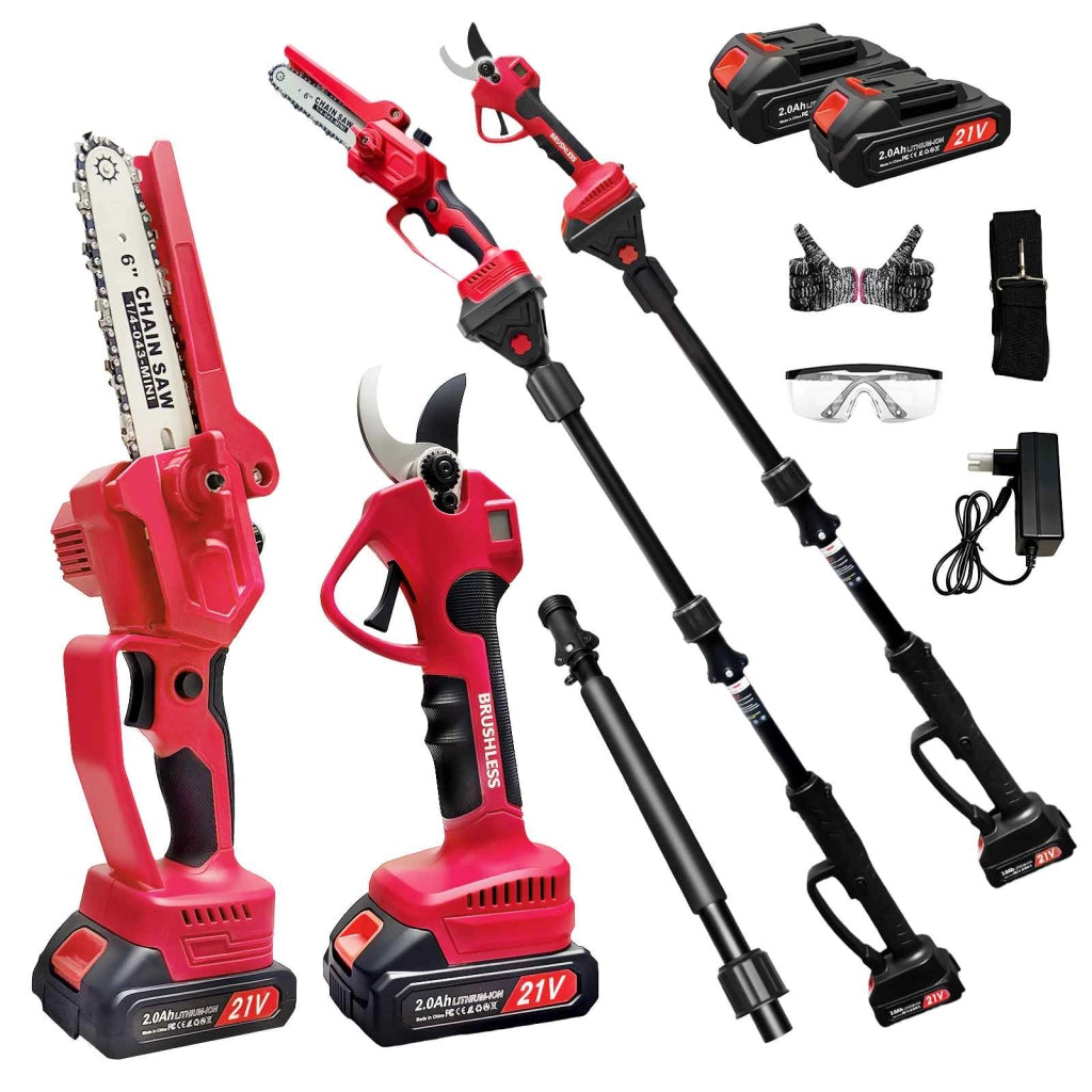 Kit sega elettrica e potatore, sega da potatura e potatore 4 in 1, 21 V, 500 W, 2 batterie, rosso
