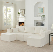 Divano angolare modulare a 3 posti con pouf mobili; tessuto a coste beige