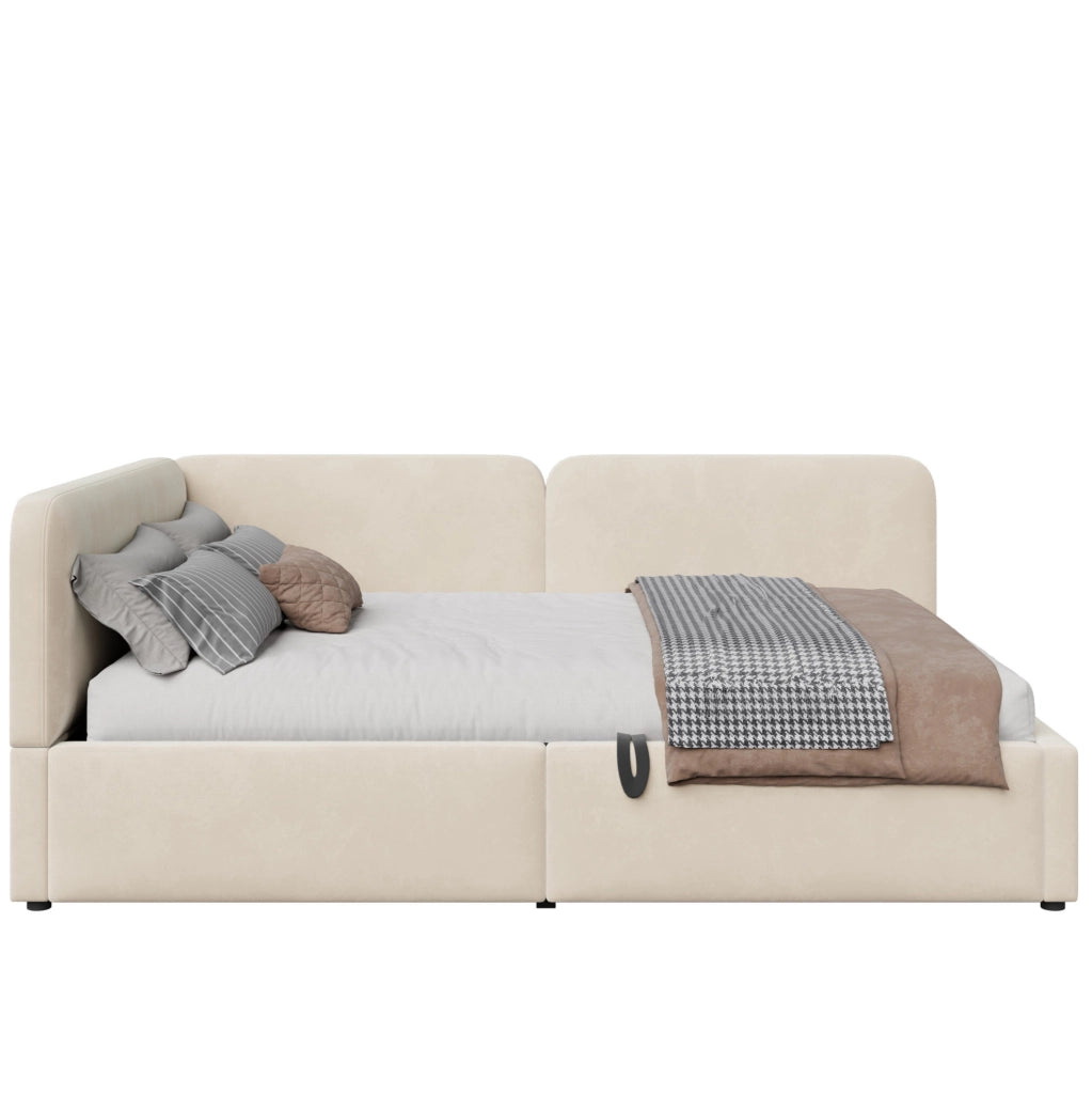 Letto divano imbottito 140x200 con vano contenitore idraulico beige