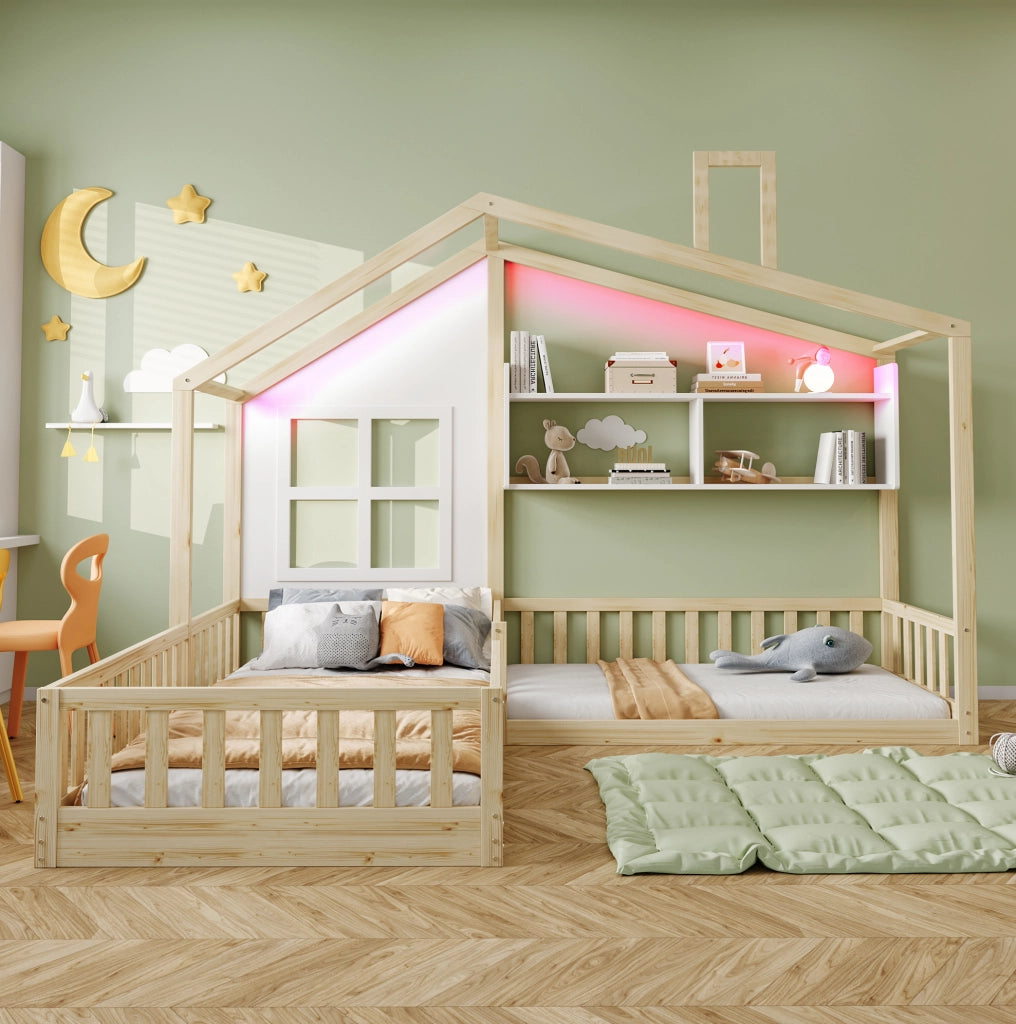 Letto per bambini a casetta 90x200 cm con LED, mensole e sponde di sicurezza