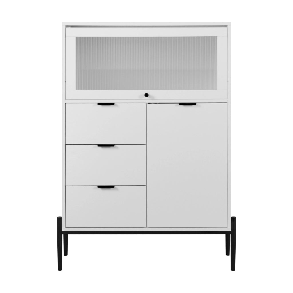 OKWISH Credenza con 3 Cassetti, 1 Anta e 1 Anta in Vetro, Ripiani Regolabili, per Cucina o Sala da Pranzo, Bianca