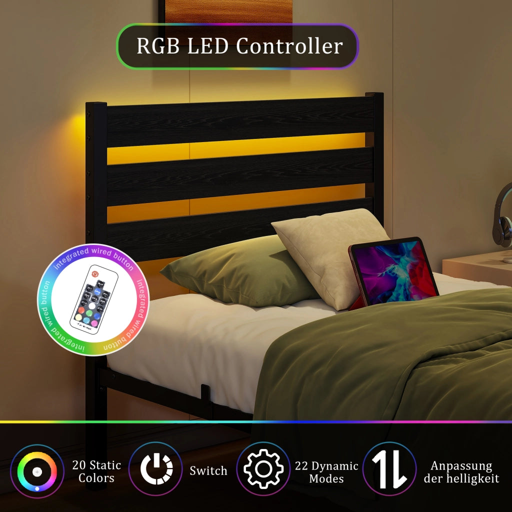 Letto in metallo con LED USB 90x200 MDF nero e metallo