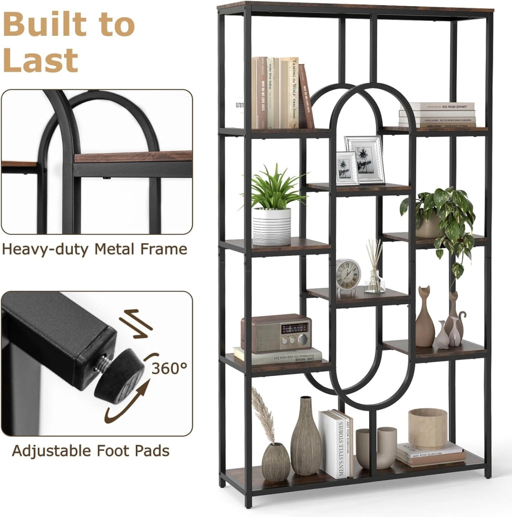 Libreria geometrica per carichi pesanti con telaio in metallo e protezione antiribaltamento, scaffale divisorio per libri, riviste e piante, 95 x 30 x 175 cm (marrone + nero)