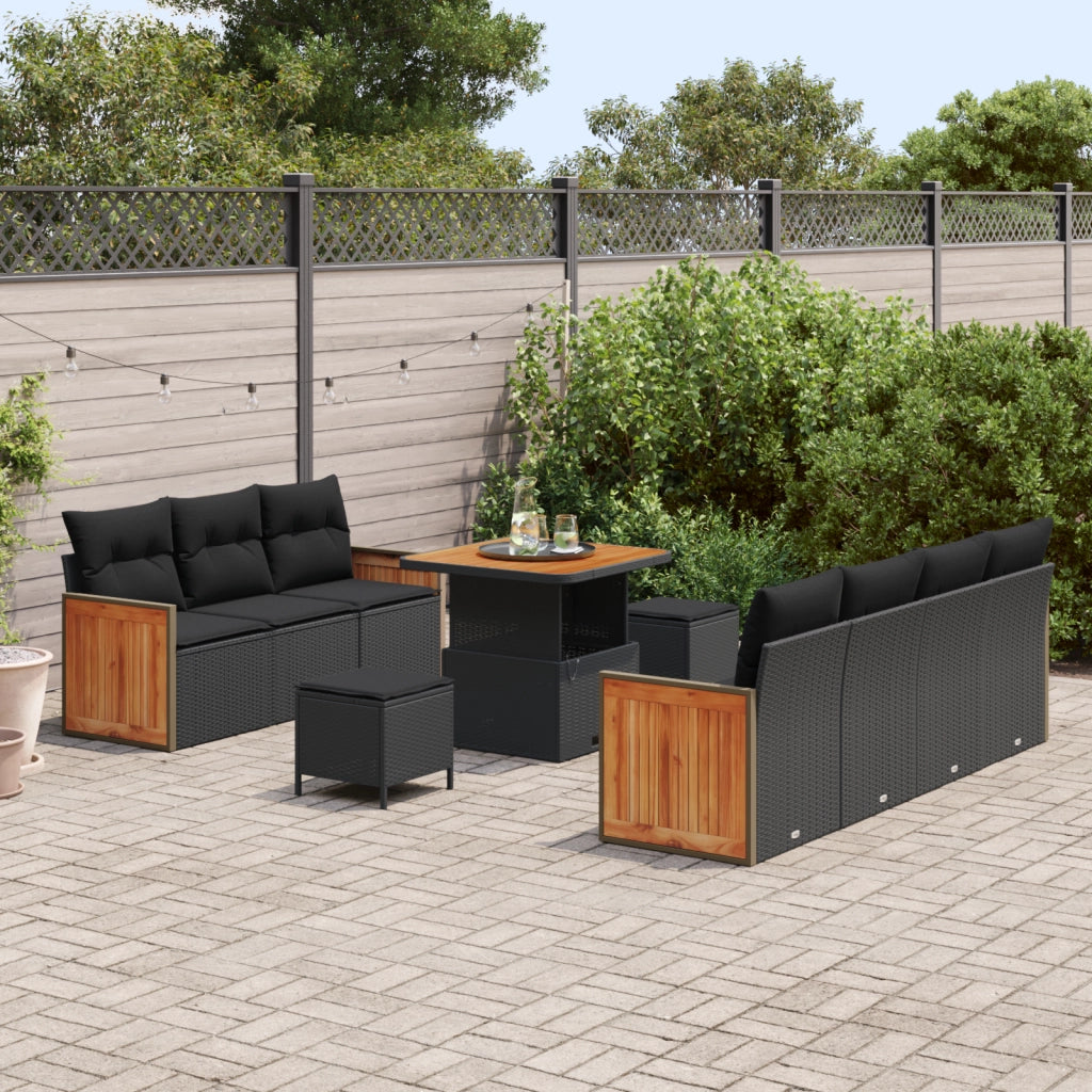 Set divano da giardino a 10 pezzi con cuscini Nero Polyrattan Acacia