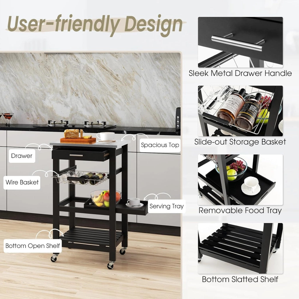 Carrello Cucina con Ruote e Piano di Lavoro in Acciaio Inox, Carrello Portafrutta e Portavivande con Cassetto e Cestello Metallico, Carrellino Portaoggetti per Sala da Pranzo (Nero)
