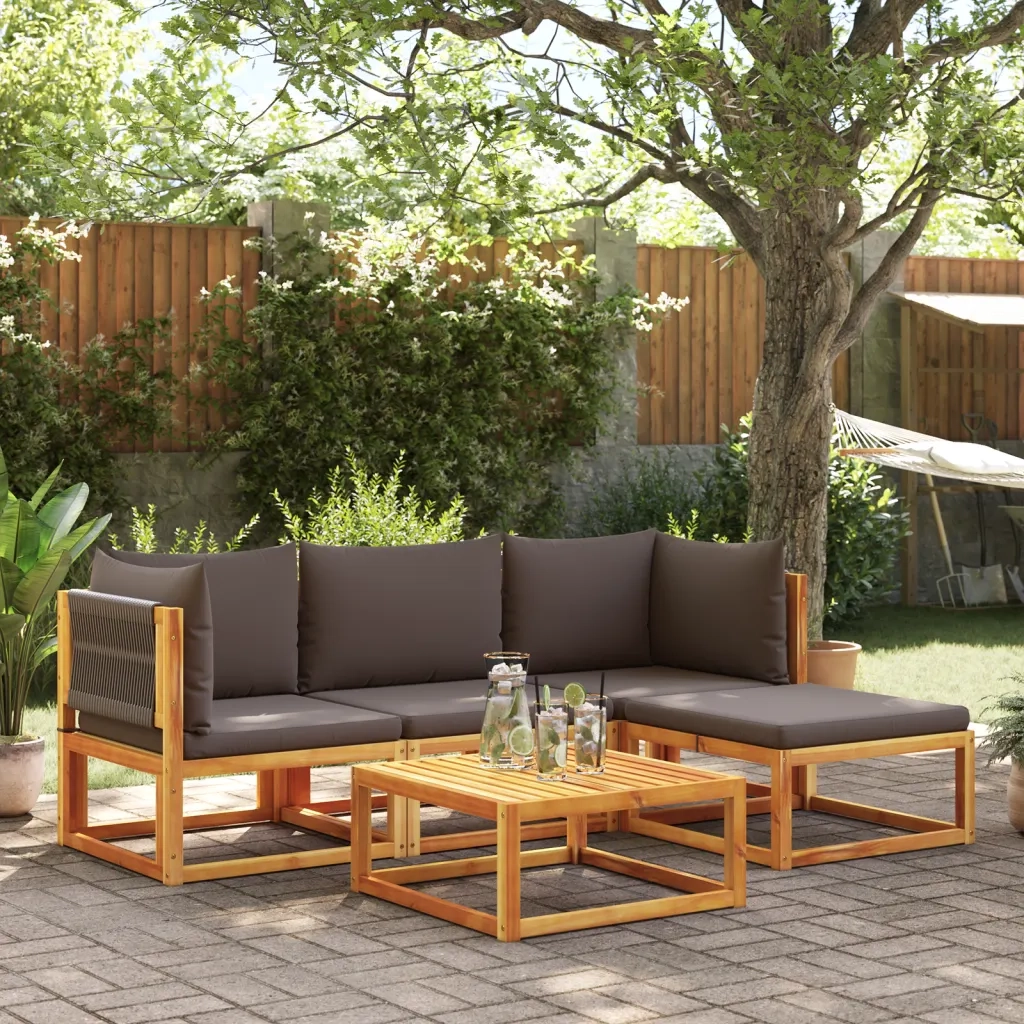 Set di divani da giardino 5 pezzi con cuscini in legno di acacia e corda