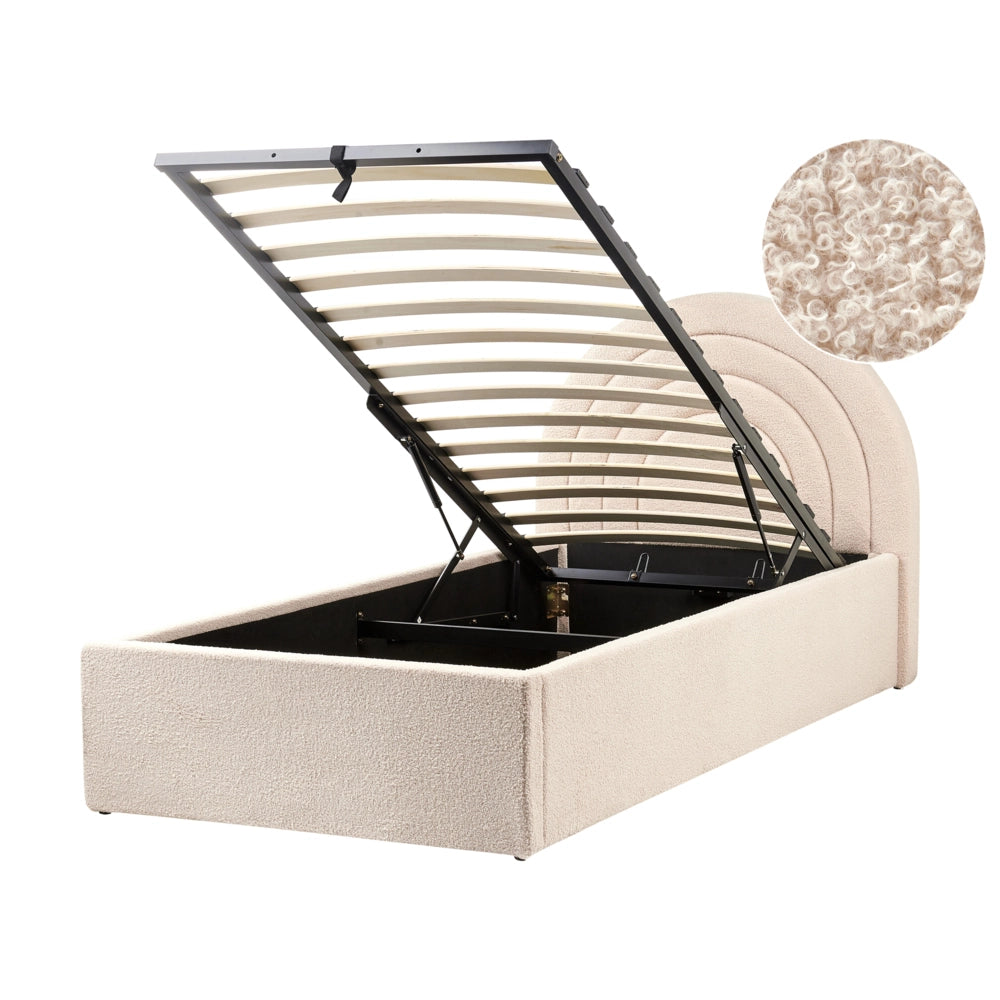 Letto singolo con testiera semicircolare in bouclé beige 90x200 cm base a doghe Testiera a Mezza Luna con contenitore