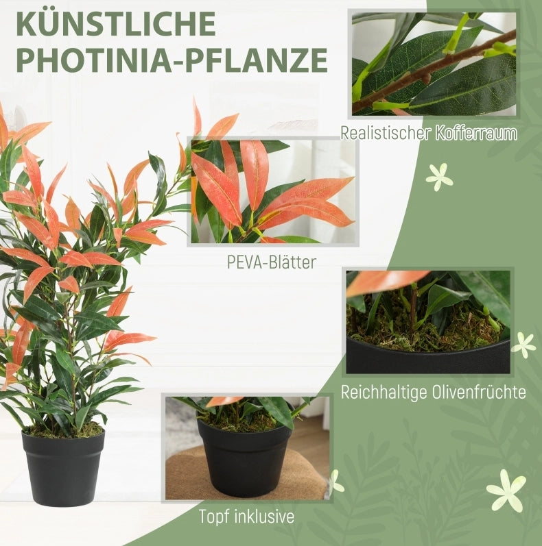 Pianta Artificiale Glanzmispel 90 cm con 300 Foglie, Rami Regolabili, Rosso e Verde