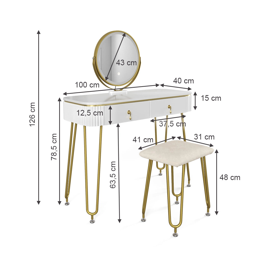 Vicco Tavolo da toeletta Bianco lucido 100 cm con illuminazione LED e sgabello