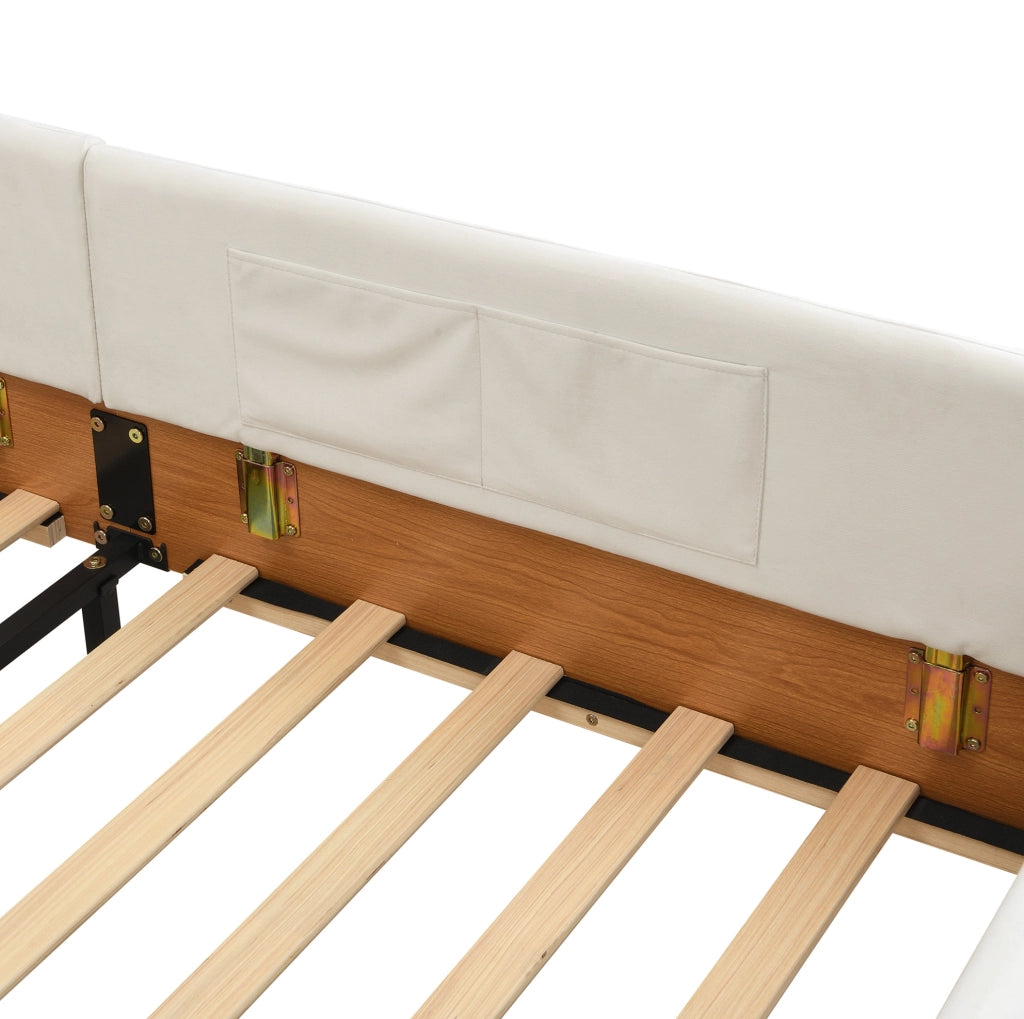 Letto singolo imbottito per bambini 90×200 cm in velluto bianco con 2 tasche