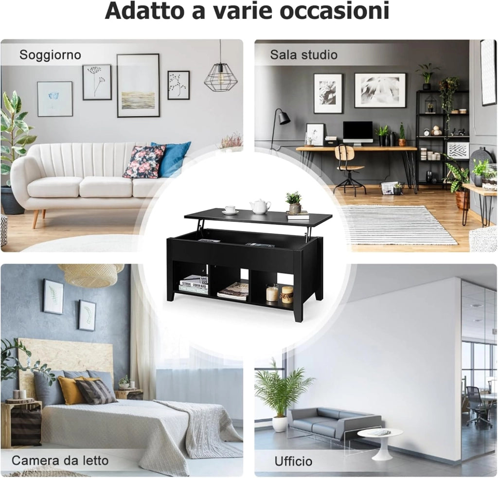 Tavolino da Salotto con Coperchio Sollevabile, Tavolino da Caffè Moderno Multifunzionale con Altezza Regolabile in Alto e Scompartimenti Nascosti e 3 Mensole Aperte in Basso (Nero)