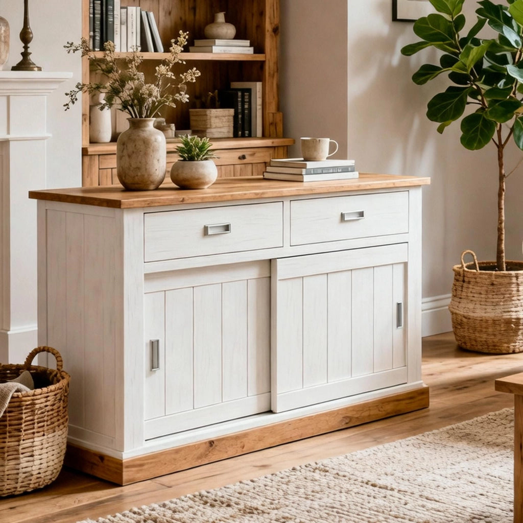 Mobile Madia Credenza Soggiorno Con 2 Cassetti E 2 Ante Scorrevoli 4 Ripiani Interni Design Minimal Shabby Chic Zona Living Sala Da Pranzo 150 x 50 x 95.5 Cm Bianco E Rovere