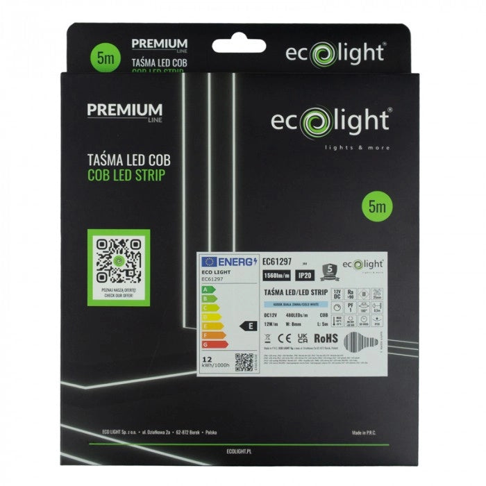 Striscia LED COB 480 12V 12W/m 6000K IP20 5m Ecolight