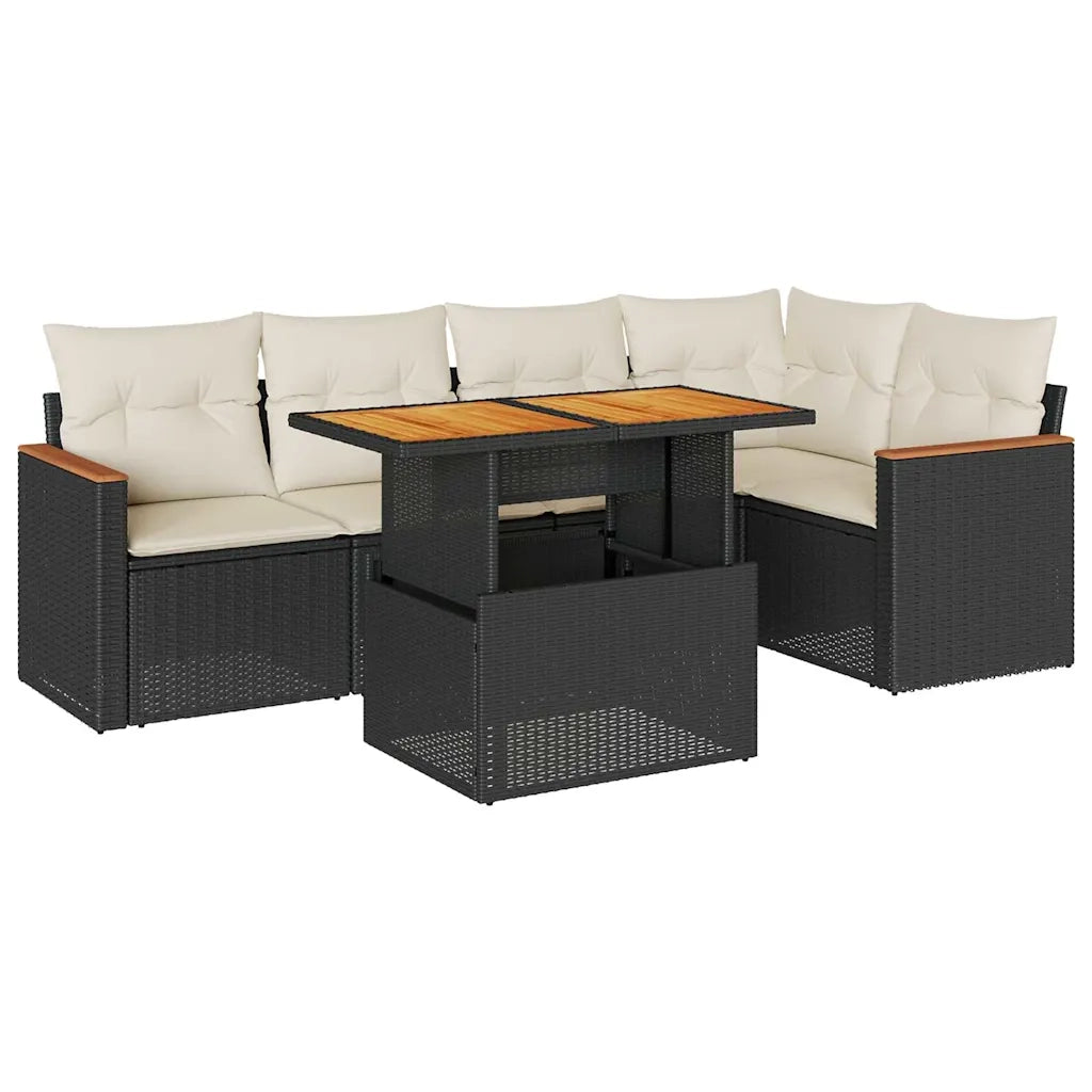 Set Divano da Giardino 6 pz con Cuscini Nero Polyrattan Acacia 3327486