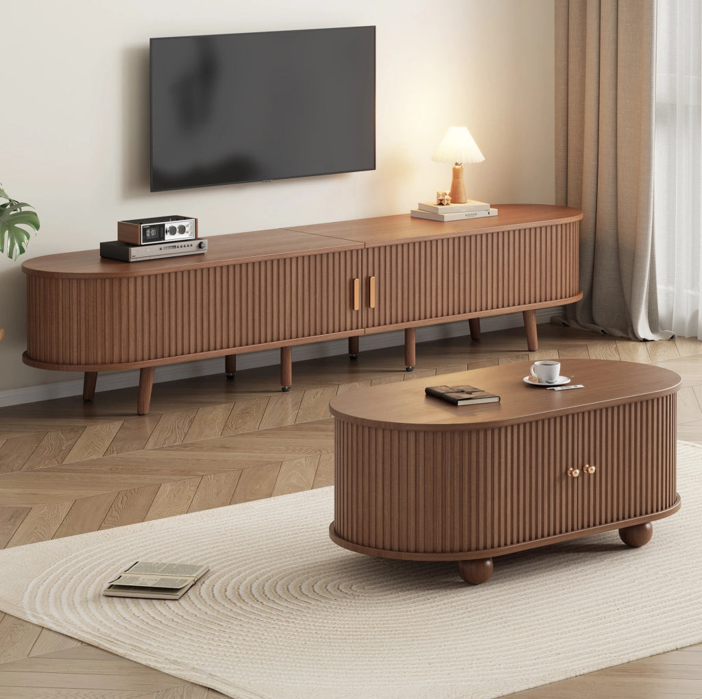 Set mobile TV e tavolino da caffè in MDF color noce, 2 pezzi