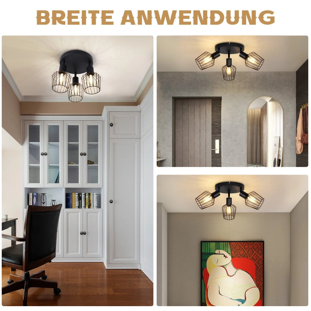 ZMH Lampada da soffitto 3 faretti E14 metallo nero rotonda orientabili 350° stile industriale per corridoio soggiorno