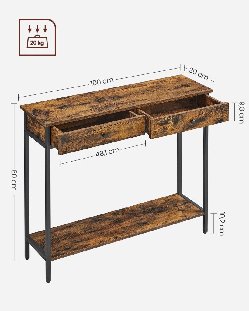 Consolle tavolo da ingresso tavolino con 2 cassetti struttura in acciaio 100 x 30 x 80 cm per ingresso camera da letto soggiorno stile industriale marrone 12_0007511