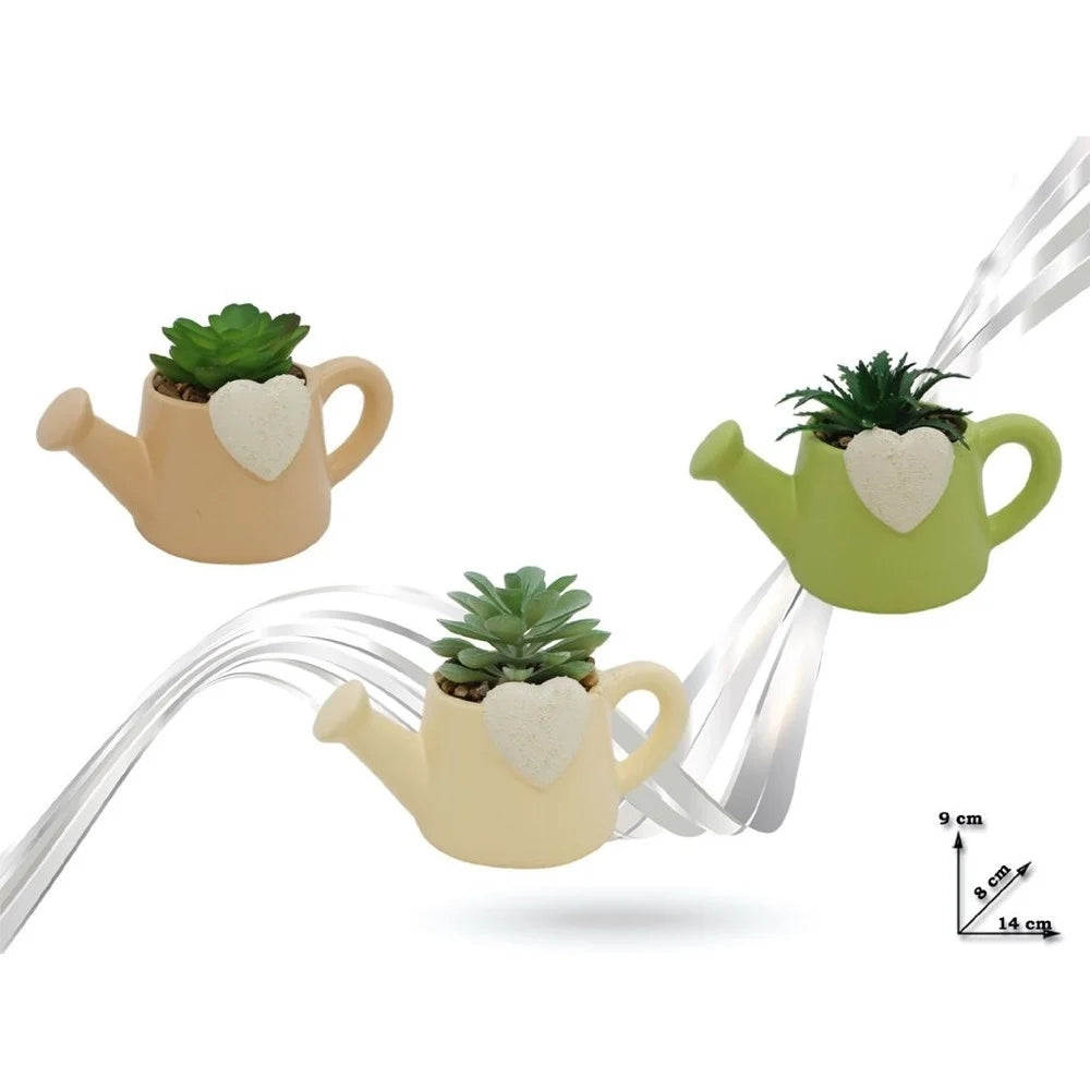 Trade Shop - Vaso A Forma Di Innaffiatoio Con Cuore In Ceramica Con Piantina Grassa Artificiale 9013144 -