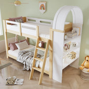 OKWISH Letto a Castello 90×200 cm, Letto Singolo con Scaffale a 3 Ripiani, Scala a 3 Gradini e Sponda, senza Materasso, Bianco Naturale