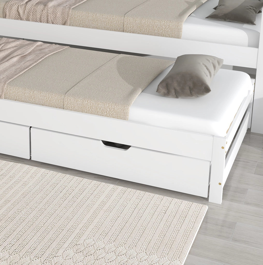 Letto multifunzione con letto estraibile, 2 cassetti e struttura in legno bianco