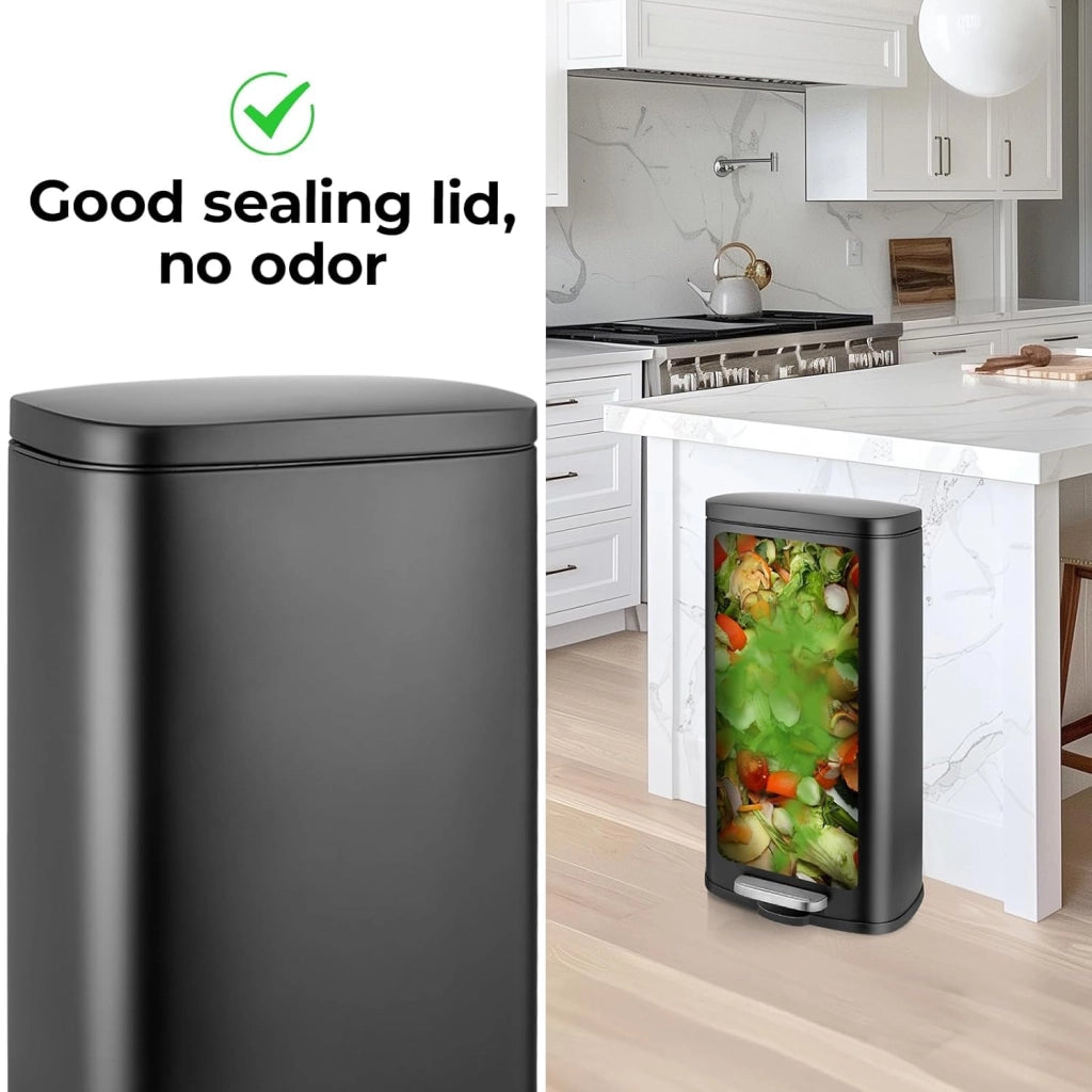 Set Pattumiera Cucina 50l + 5l, Set di Cestino a Pedale in Acciaio, con Chiusura Silenziosa, Secchio Interno, isolare gli odori, Grande Pattumiera, per Ufficio, Casa, Camera, Nero