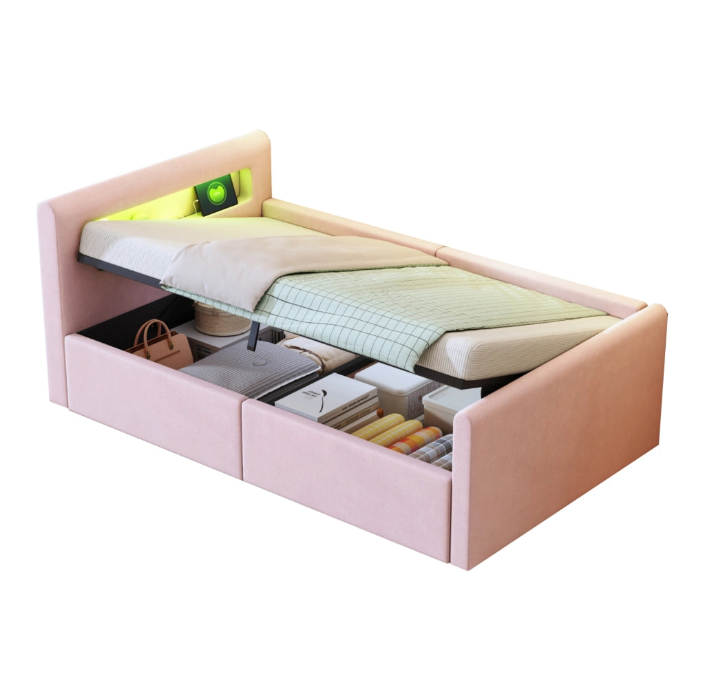 Letto imbottito ULEVR 90x200 cm rosa con contenitore idraulico, LED, luce notturna e USB