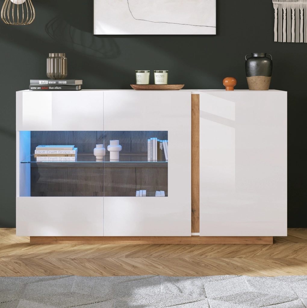 Credenza moderna lucida con LED RGB e ante in vetro