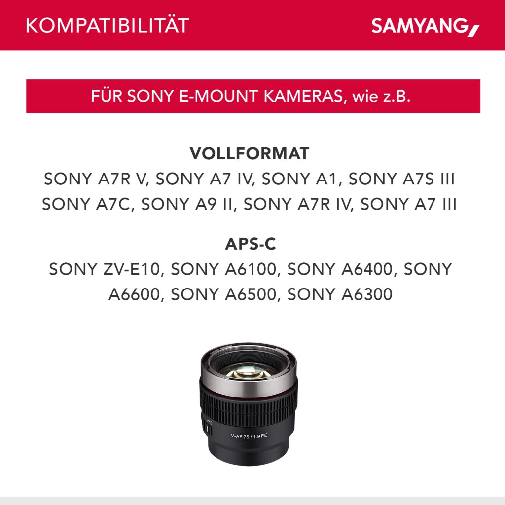 Obiettivo video V-AF 75 mm T1,9 FE compatibile con Sony E, per videocamera, con autofocus risoluzione 8K e Tally lamp, alta intensità luminosa per full-frame e APS-C