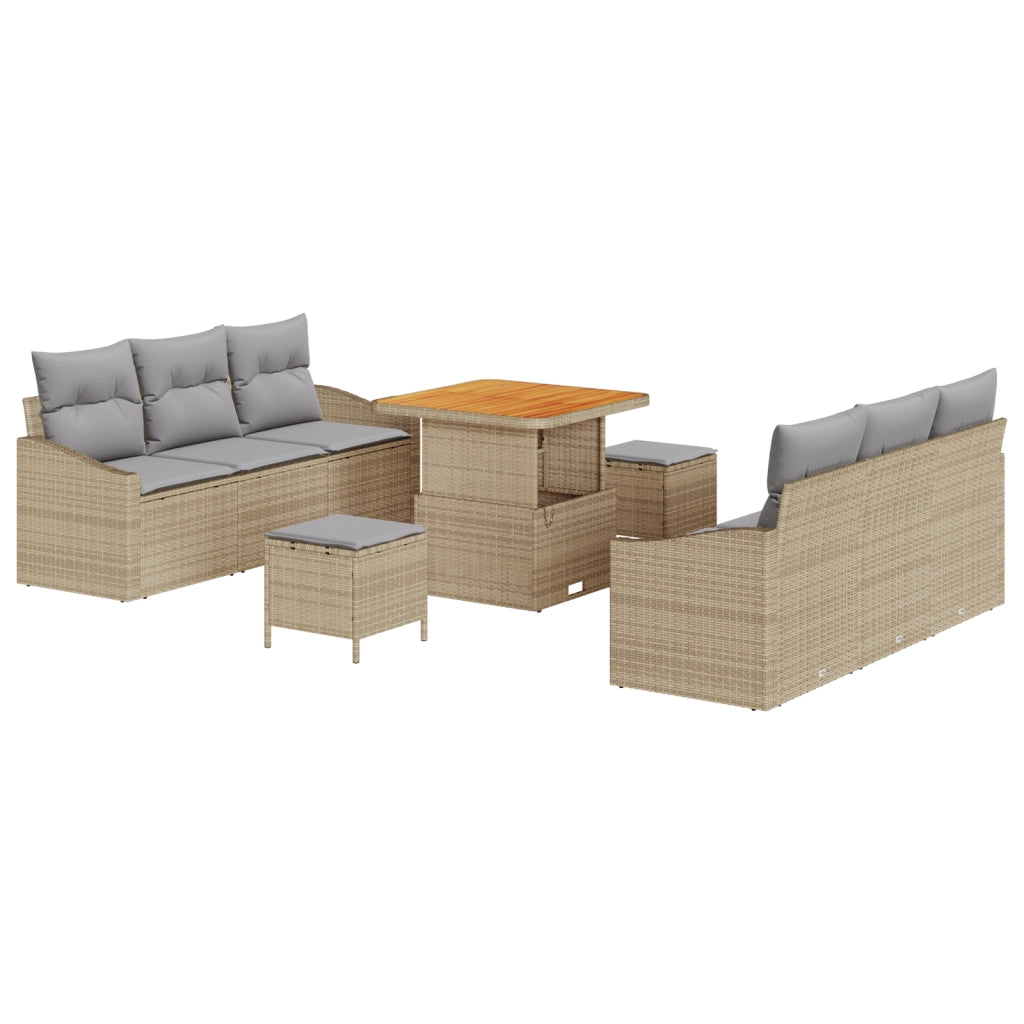 Set di divani da giardino 9 pezzi con cuscini Beige Polirattan Acacia