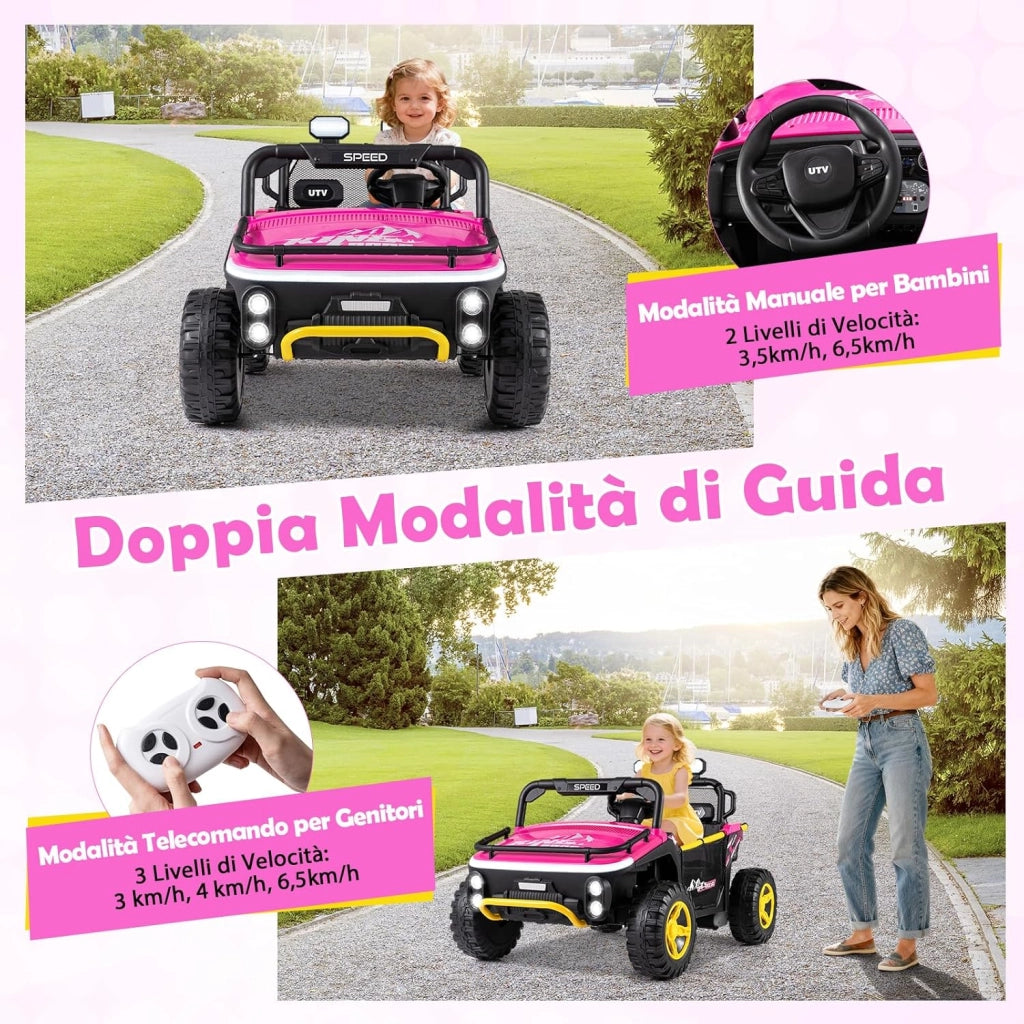 24V Macchina Elettrica per Bambini, Veicolo Elettrico a 2 Posti con Telecomando Clacson Musica Storie Connessione Wireless Luci, 37-86 Mesi (Rosa)