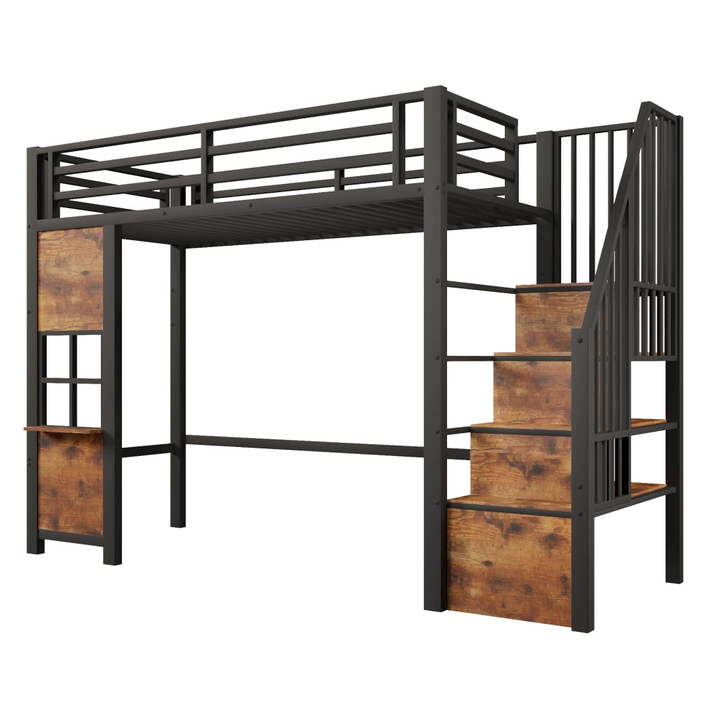 Letto a soppalco 90×200 cm; letto singolo con scala contenitore; sponda; mensola laterale; senza materasso; nero