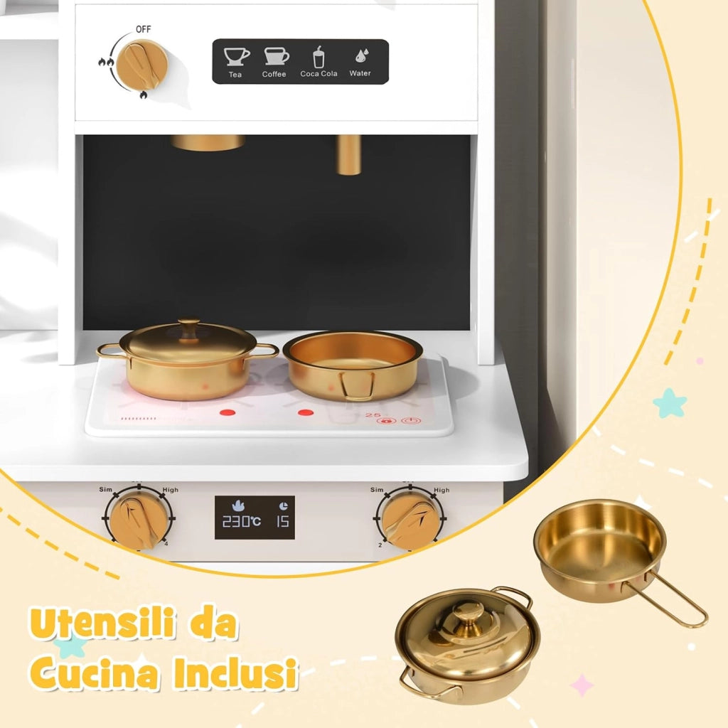 Set da Cucina Giocattolo per Bambini, Cucina per Bambini in Legno con Frigorifero, Macchina da Caffè, Microonde, Fornello, Luci e Suoni Realistici, per 3+ Anni