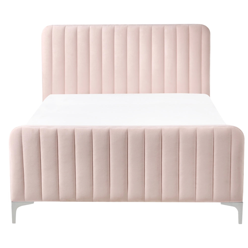 Letto matrimoniale in velluto con testiera trapuntata gambe in metallo da 120 x 200 cm e base a doghe rosa pastello Design moderno