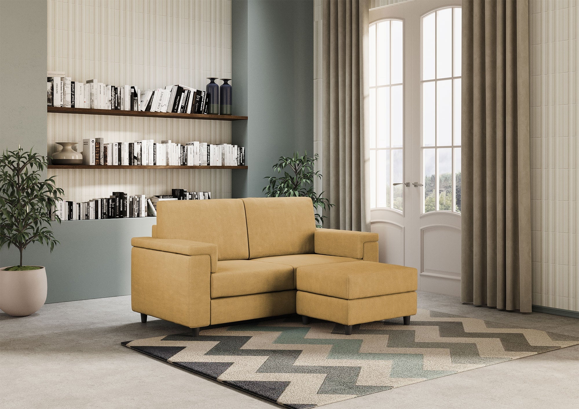 Divano 2 Posti con Pouf 168x145x85 cm Marrak in Tessuto Ocra