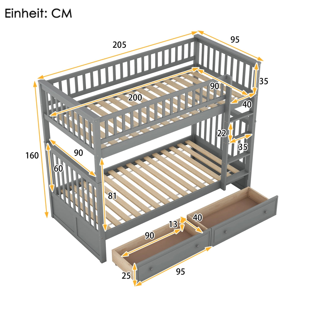 Letto a Castello 90x200 cm; 2 Posti; Cassetti e Convertibile in Due Letti - Grigio
