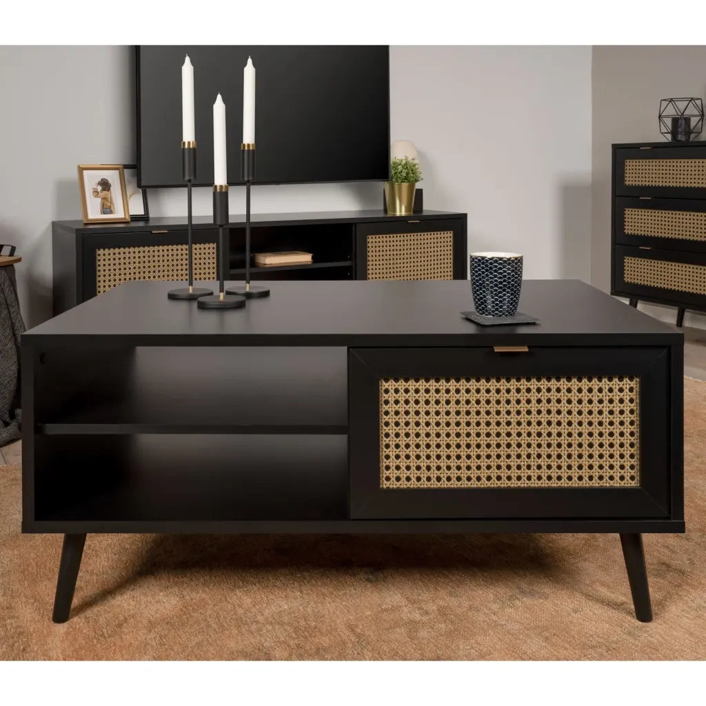 Finori Tavolino da Salotto Vienna 55A Nero con Stampa Rattan 441196