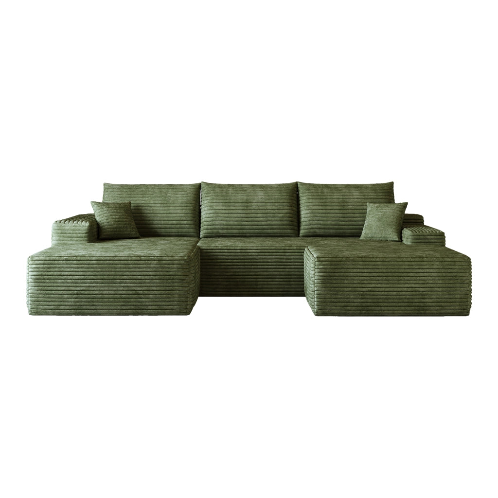 Divano angolare modulare con chaise longue; schiuma ad alta elasticità; in velluto a coste verde