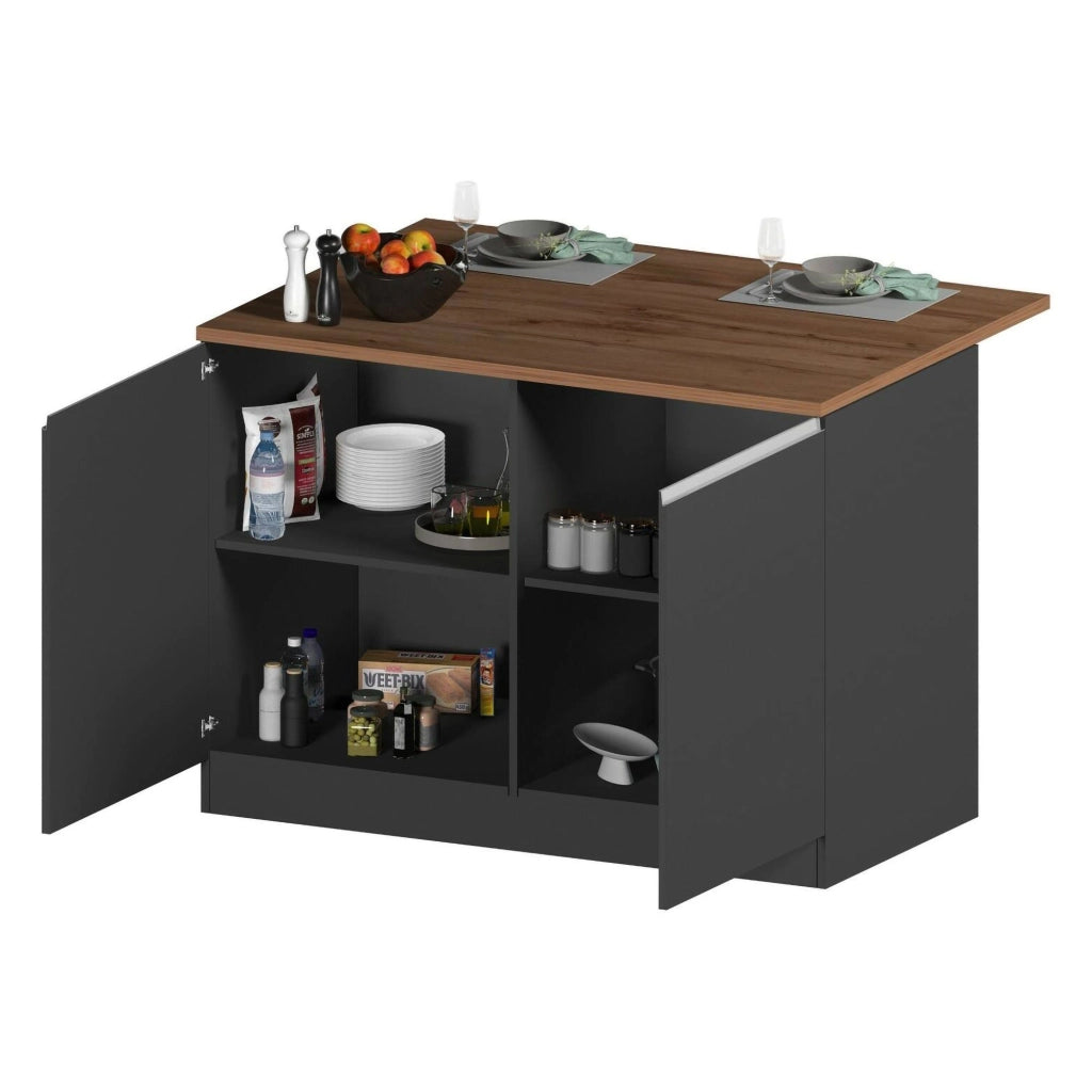Isola da cucina Analiza, Tavolo ausiliario portaoggetti, Mobile da cucina a 2 ante, 100% Made in Italy, 125x90h90 cm, Antracite e Rovere