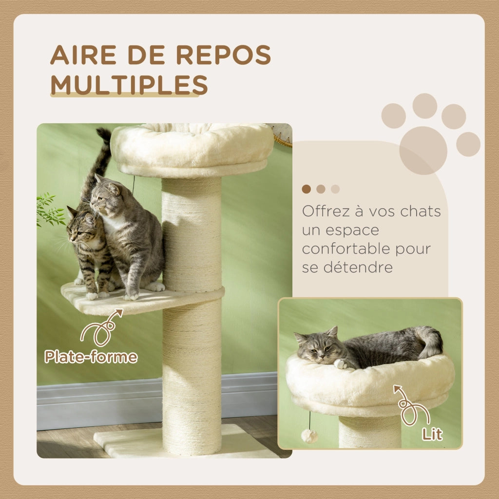 Albero tiragraffi per gatti con due piattaforme, cesto, sisale e giochi ¨C zephmum ¨C beige