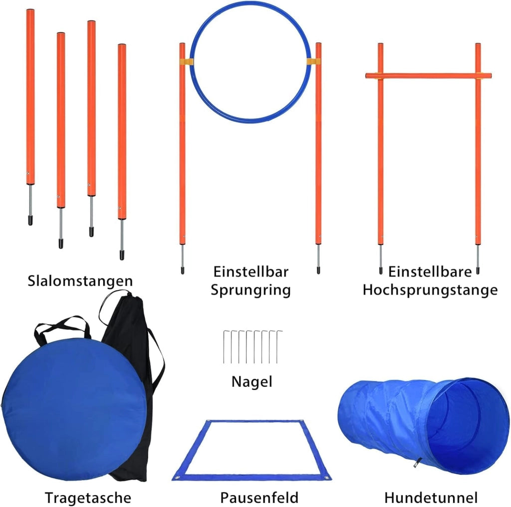 Agility Set di attrezzature per cani, giochi di addestramento per cani, accessori con ostacolo Agility, anello di salto, tunnel per cani, aste slalom, box pausa e borsa per il trasporto per