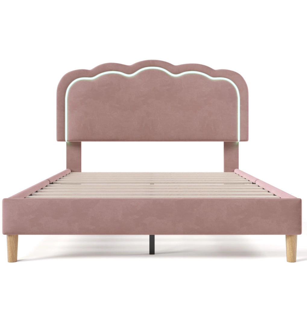 Letto matrimoniale 140x200 cm con testiera regolabile e LED; velluto rosa