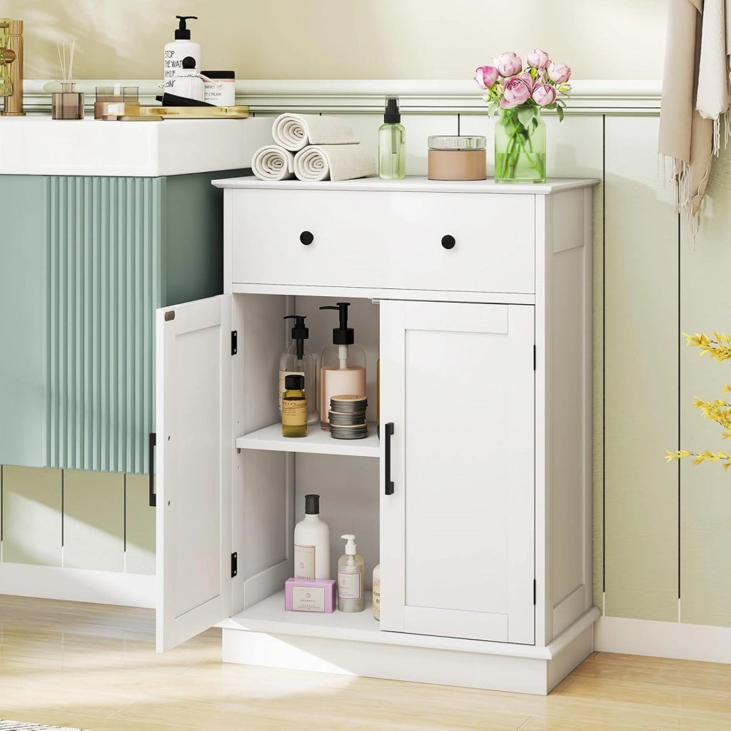 Armadietto da Terra 56 x 30 x 80 cm, Mobile da Bagno con Ante, Cassetto e Ripiano Regolabile, Mobiletto Salvaspazio per Soggiorno, Cucina e Sala da Pranzo (Bianco)