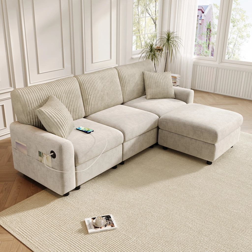 Divano con pouf e porta USB tipo C, in ciniglia e velluto a coste beige, 223 × 146 × 84 cm